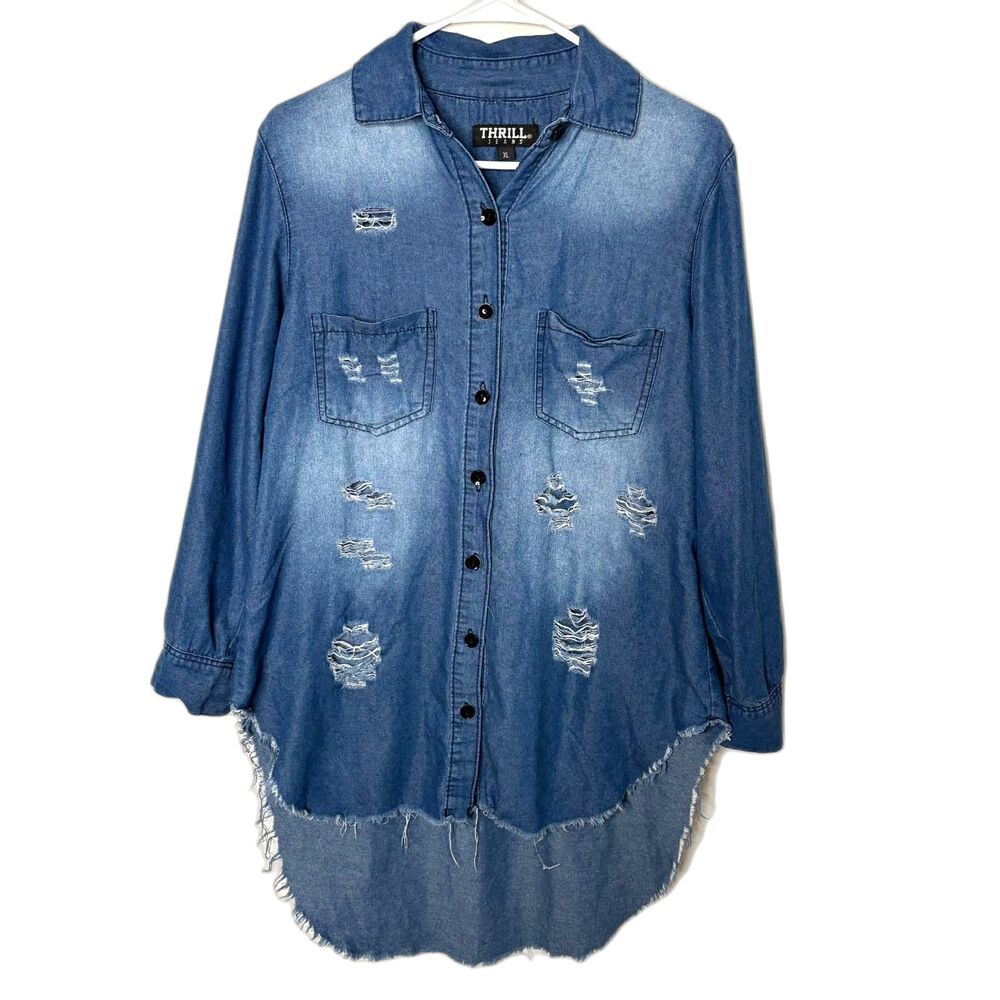Thrill Jeans Distressed Denim Shirt Dress XL Raw Hem Grunge Button Up